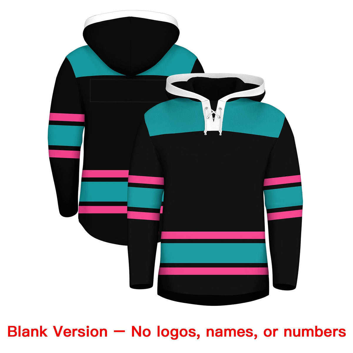 Custom Hockey Hoodie Jersey Black Aqua Raglan Sleeves Lace-Up Neck Personalized Jersey for Men &amp; Youth
