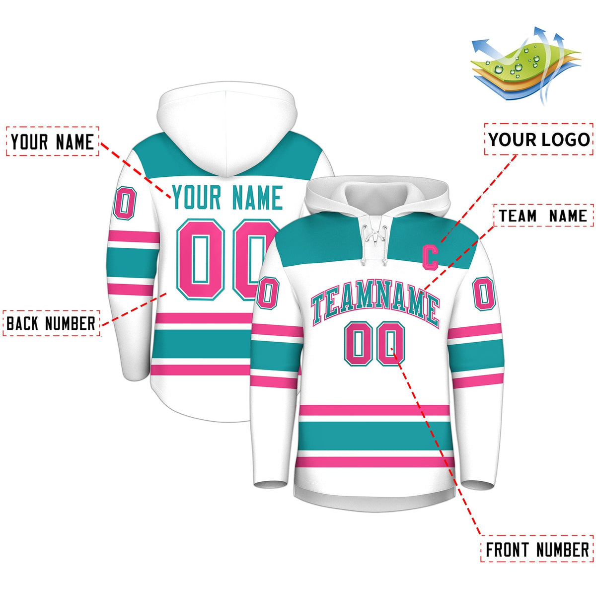 Custom Hockey Hoodie Jersey White Aqua Raglan Sleeves Lace-Up Neck Personal Name &amp; Number &amp; Logo