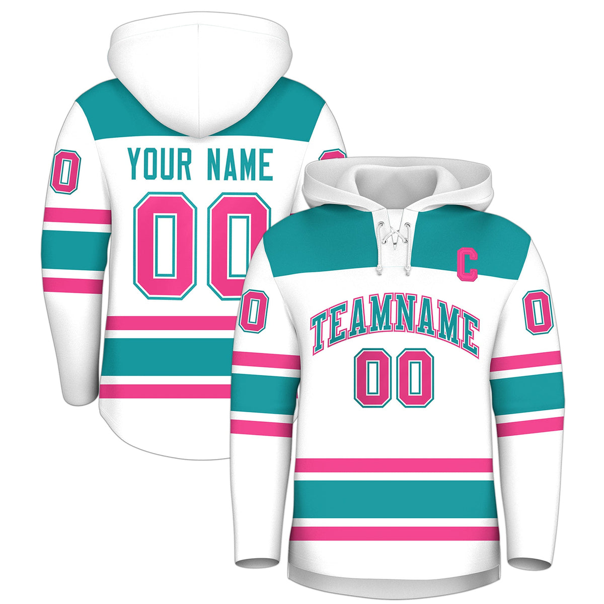 Custom Hockey Hoodie Jersey White Aqua Raglan Sleeves Lace-Up Neck Personal Name &amp; Number &amp; Logo