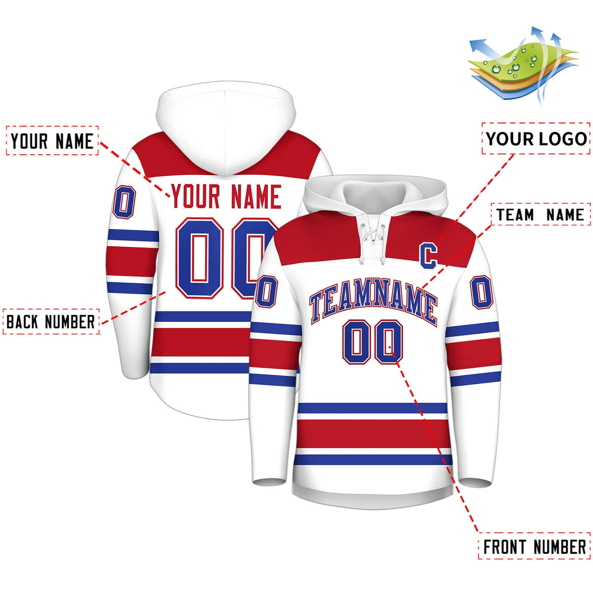 Custom Hockey Hoodie Jersey White Red Raglan Sleeves Lace-Up Neck Classic Team Colors Hoodie