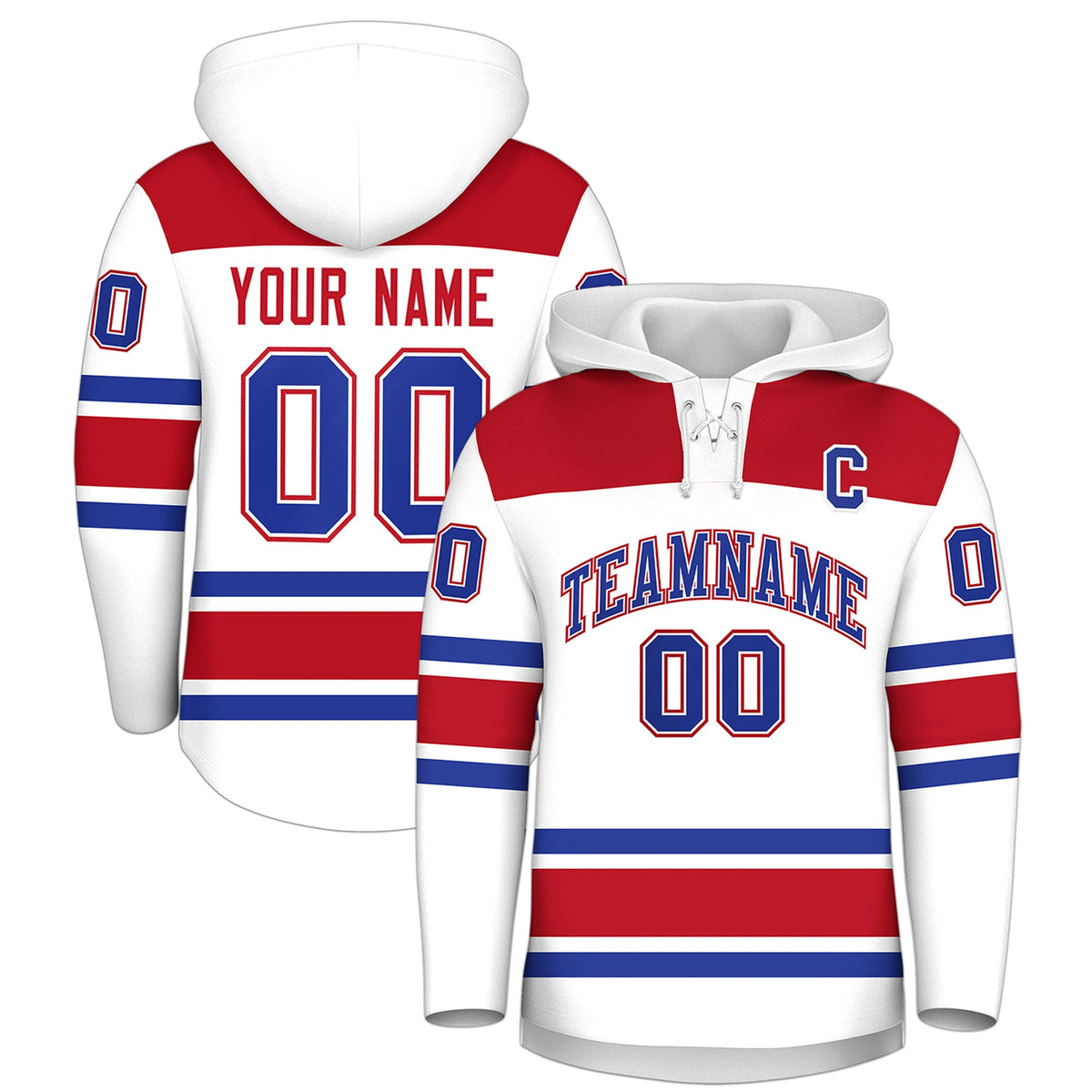 Custom Hockey Hoodie Jersey White Red Raglan Sleeves Lace-Up Neck Classic Team Colors Hoodie