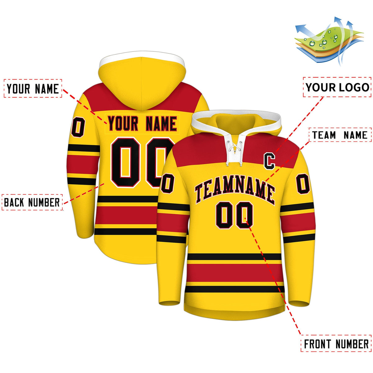 Custom Hockey Hoodie Jersey Gold Red Raglan Sleeves Lace-Up Neck Personal Name &amp; Number &amp; Logo