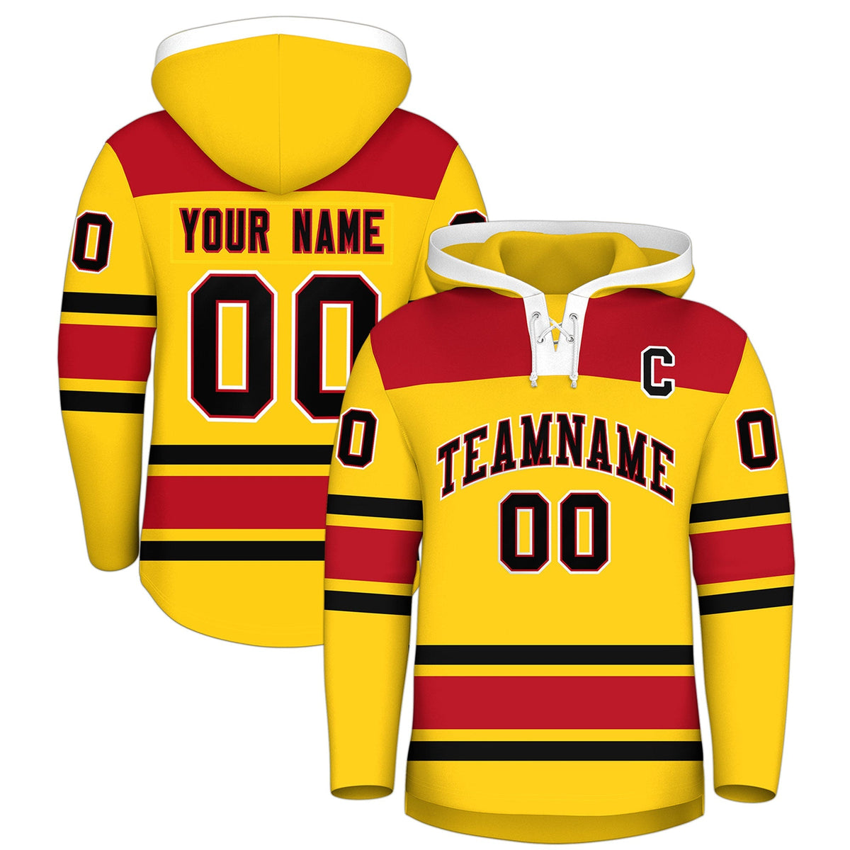 Custom Hockey Hoodie Jersey Gold Red Raglan Sleeves Lace-Up Neck Personal Name &amp; Number &amp; Logo