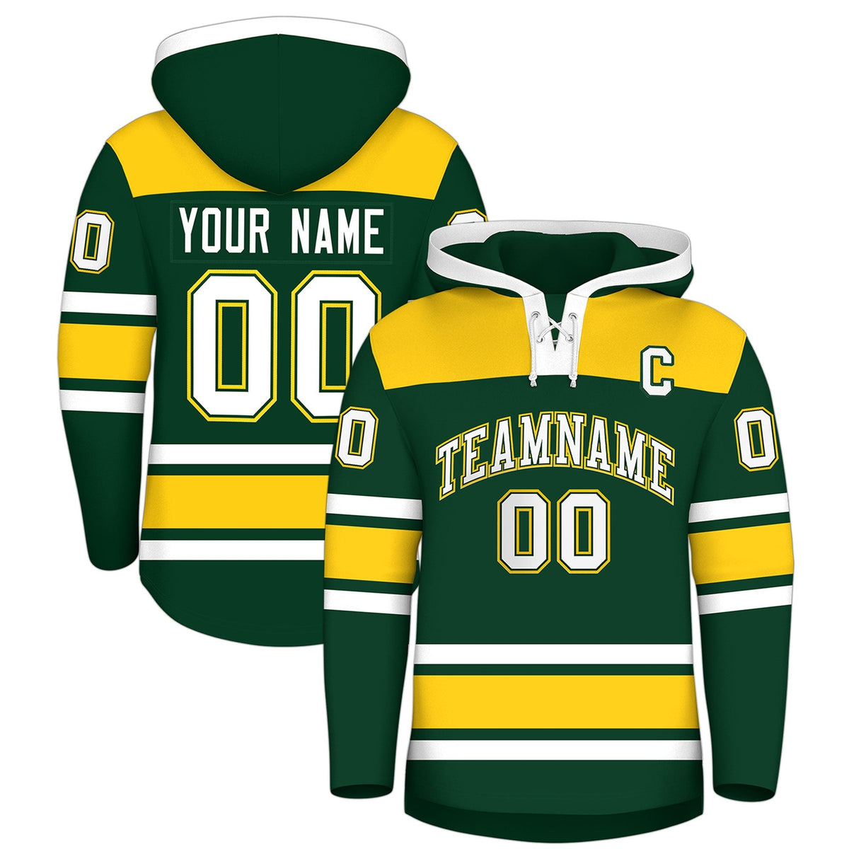 Custom Hockey Hoodie Jersey Green Gold Raglan Sleeves Lace-Up Neck Classic Team Colors Hoodie