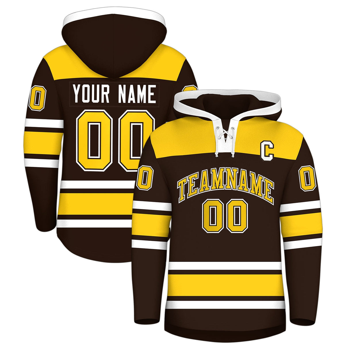 Custom Hockey Hoodie Jersey Brown Gold Raglan Sleeves Lace-Up Neck Personalized Jersey for Men &amp; Youth