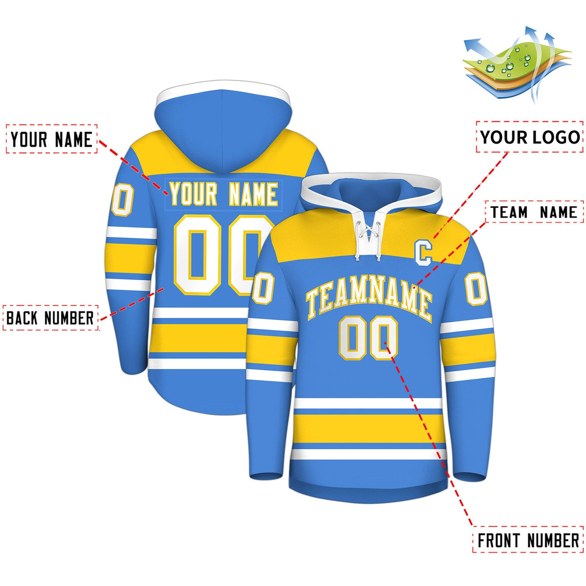 Custom Hockey Hoodie Jersey Powder Blue Gold Raglan Sleeves Lace-Up Neck Classic Team Colors Hoodie