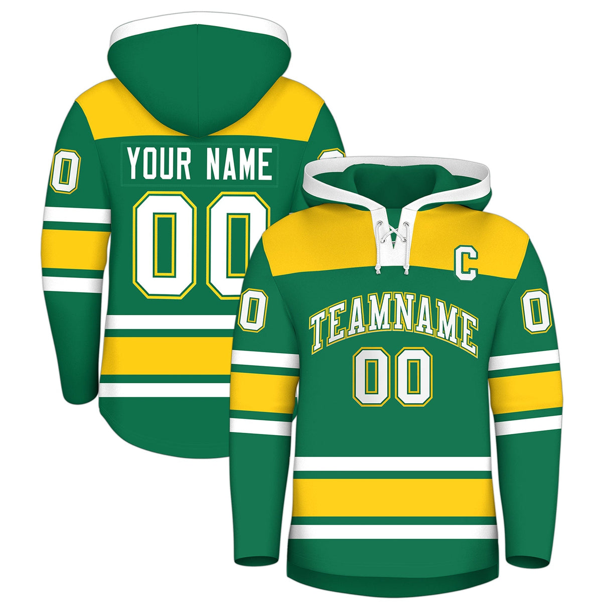 Custom Hockey Hoodie Jersey Kelly Green Gold Raglan Sleeves Lace-Up Neck Personalized Jersey for Men &amp; Youth