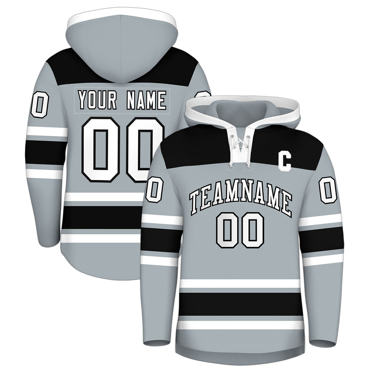 Custom Hockey Hoodie Jersey Silver Black Raglan Sleeves Lace-Up Neck Classic Team Colors Hoodie