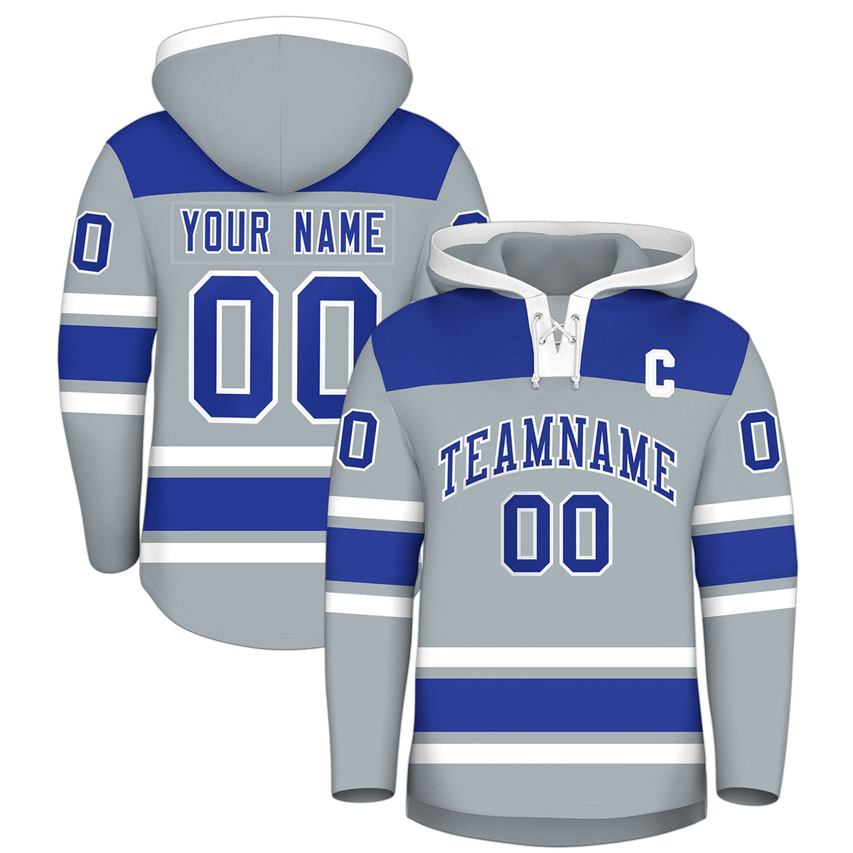 Custom Hockey Hoodie Jersey Silver Royal Blue Raglan Sleeves Lace-Up Neck Personalized Jersey for Men &amp; Youth