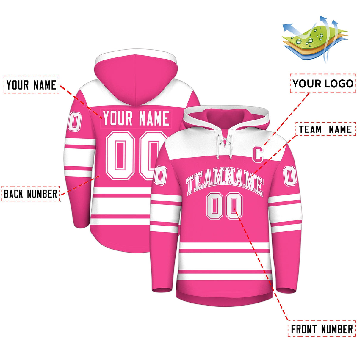 Custom Hockey Hoodie Jersey Pink White Raglan Sleeves Lace-Up Neck Personalized Jersey for Men &amp; Youth