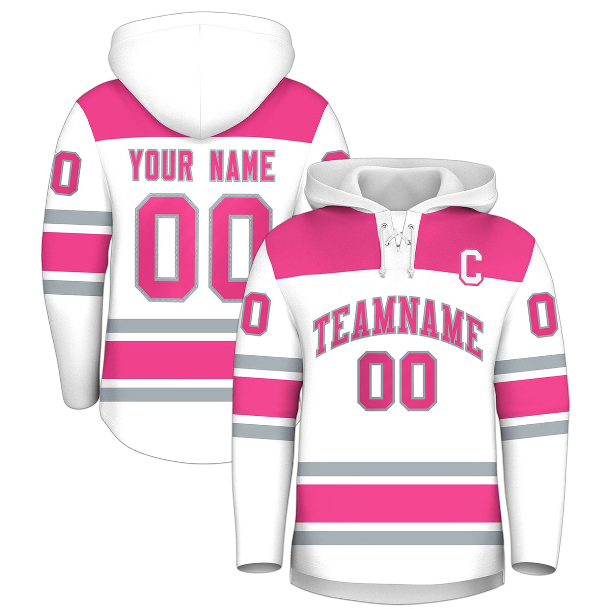 Custom Hockey Hoodie Jersey White Pink Raglan Sleeves Lace-Up Neck Personal Name &amp; Number &amp; Logo