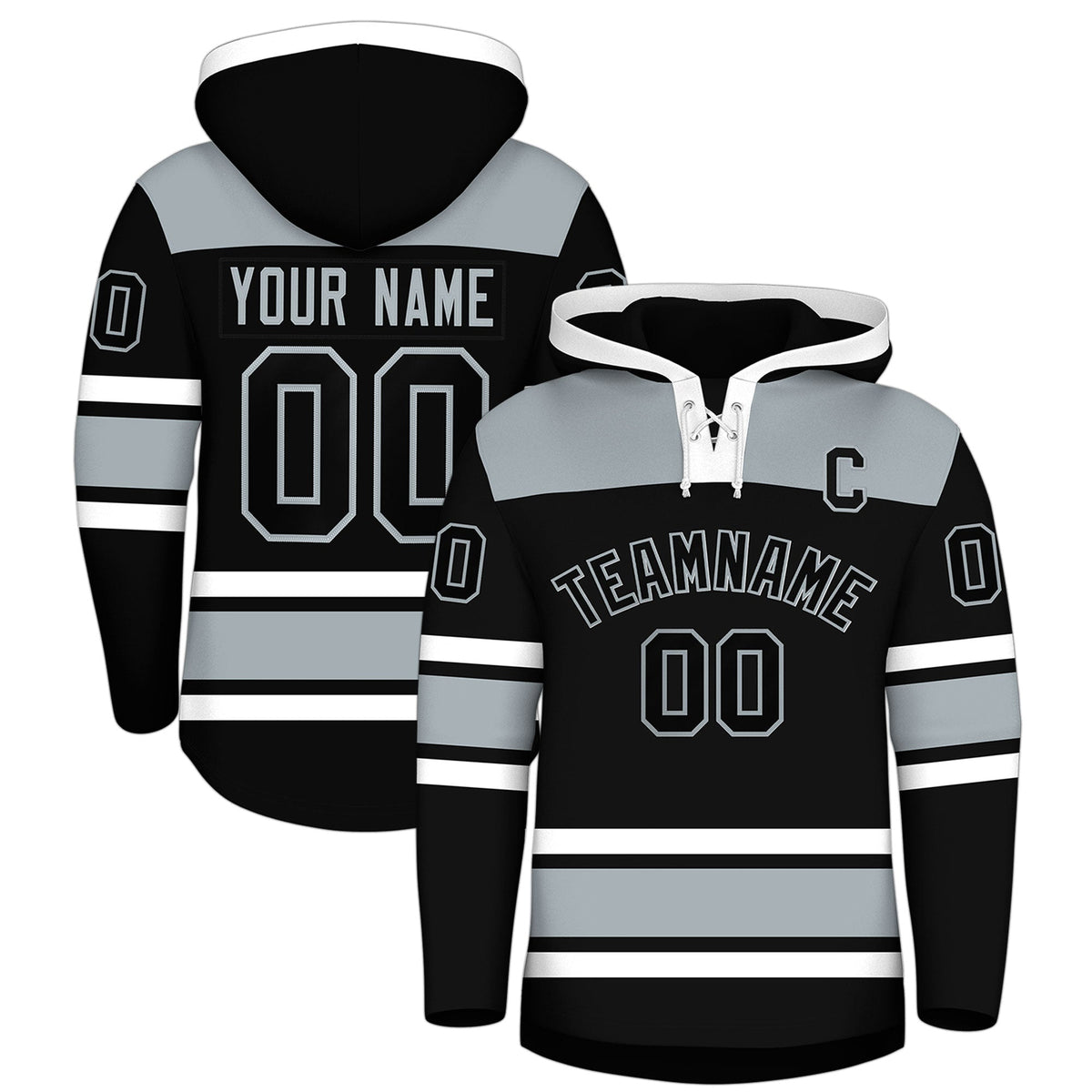 Custom Hockey Hoodie Jersey Black Silver Raglan Sleeves Lace-Up Neck Classic Team Colors Hoodie