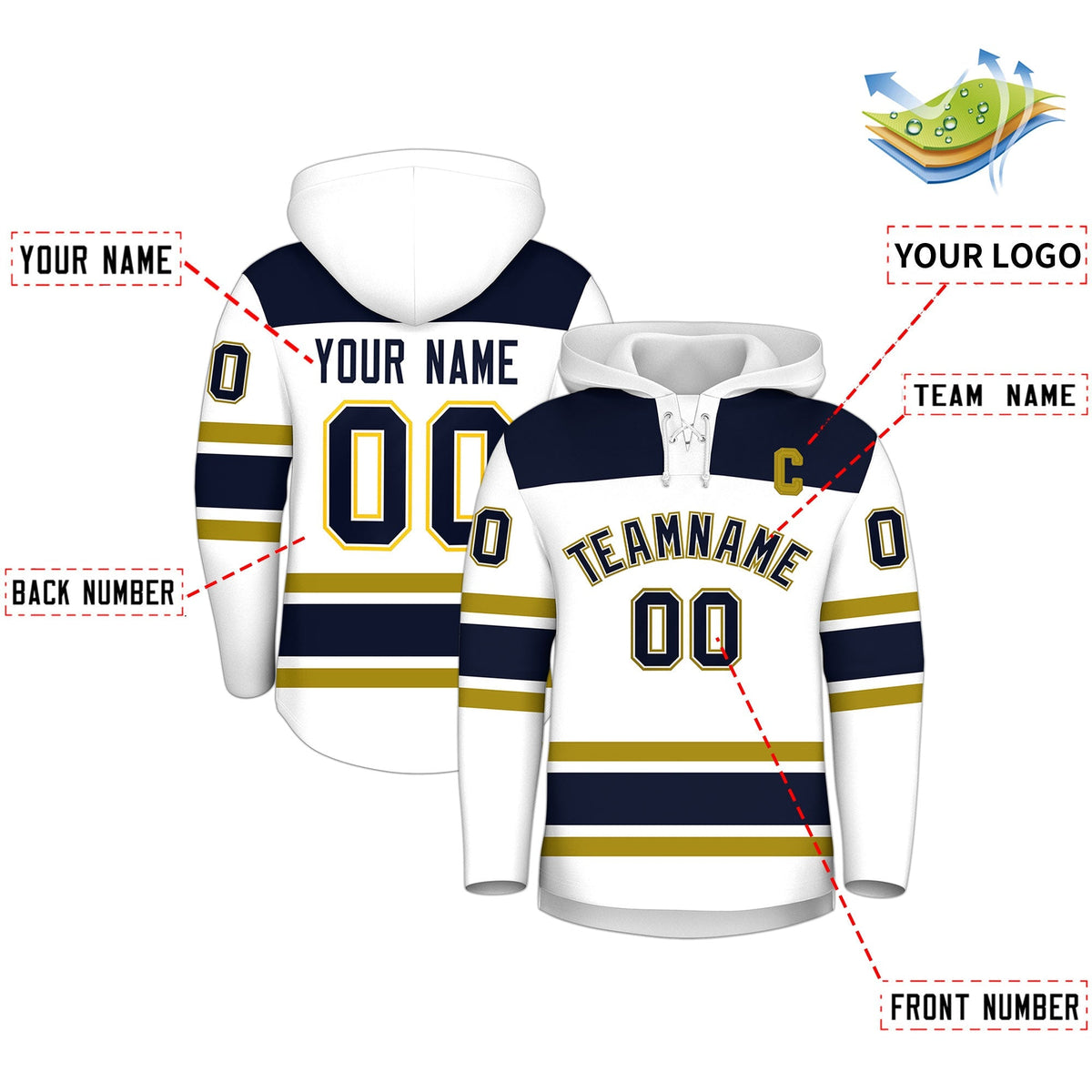 Custom Hockey Hoodie Jersey White Navy Raglan Sleeves Lace-Up Neck Personal Name &amp; Number &amp; Logo