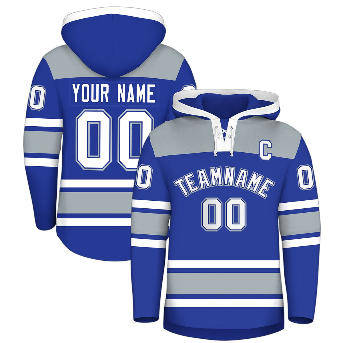 Custom Hockey Hoodie Jersey Royal Blue Silver Raglan Sleeves Lace-Up Neck Personalized Jersey for Men &amp; Youth