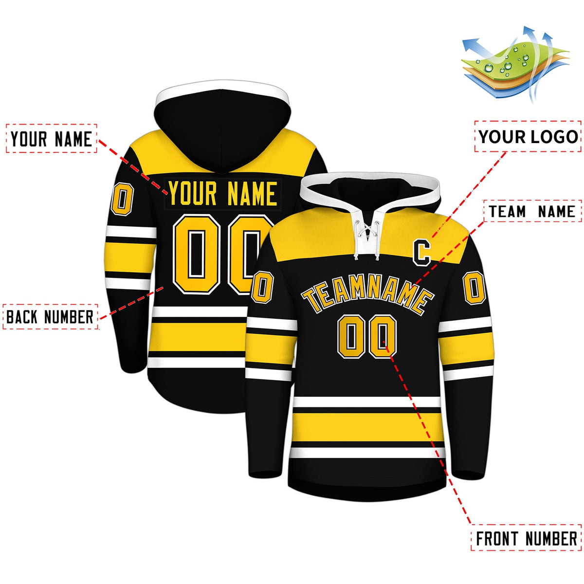 Custom Hockey Hoodie Jersey Black Gold Raglan Sleeves Lace-Up Neck Personalized Jersey for Men &amp; Youth