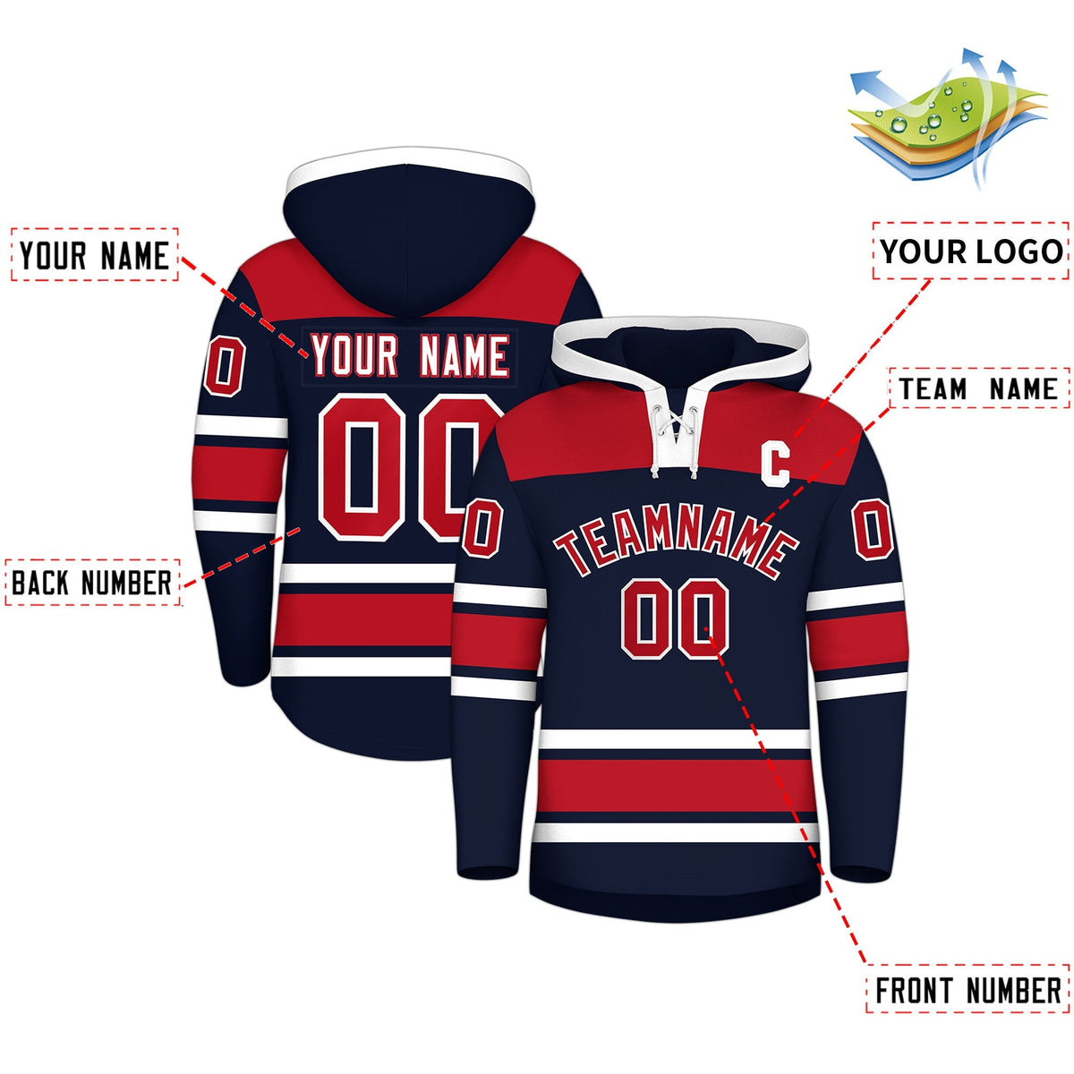 Custom Hockey Hoodie Jersey Navy Red Raglan Sleeves Lace-Up Neck Classic Team Colors Hoodie