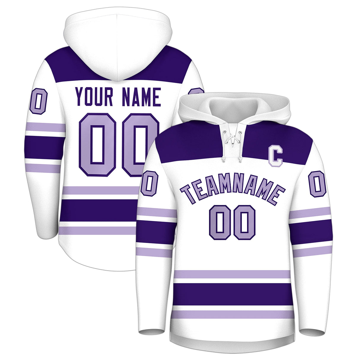 Custom Hockey Hoodie Jersey White Purple Raglan Sleeves Lace-Up Neck Personalized Jersey for Men &amp; Youth
