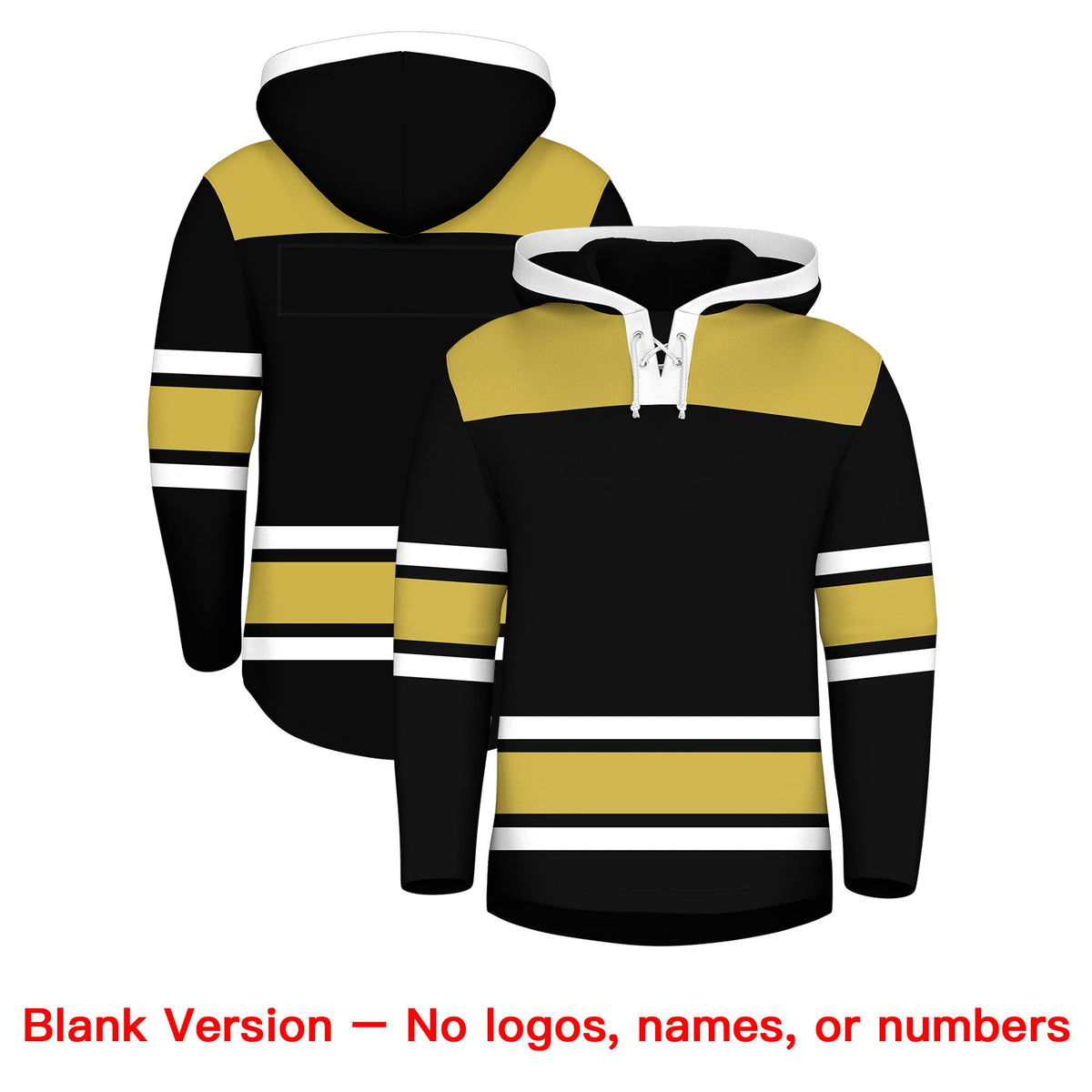 Custom Hockey Hoodie Jersey Black Old Gold Raglan Sleeves Lace-Up Neck Personal Name &amp; Number &amp; Logo