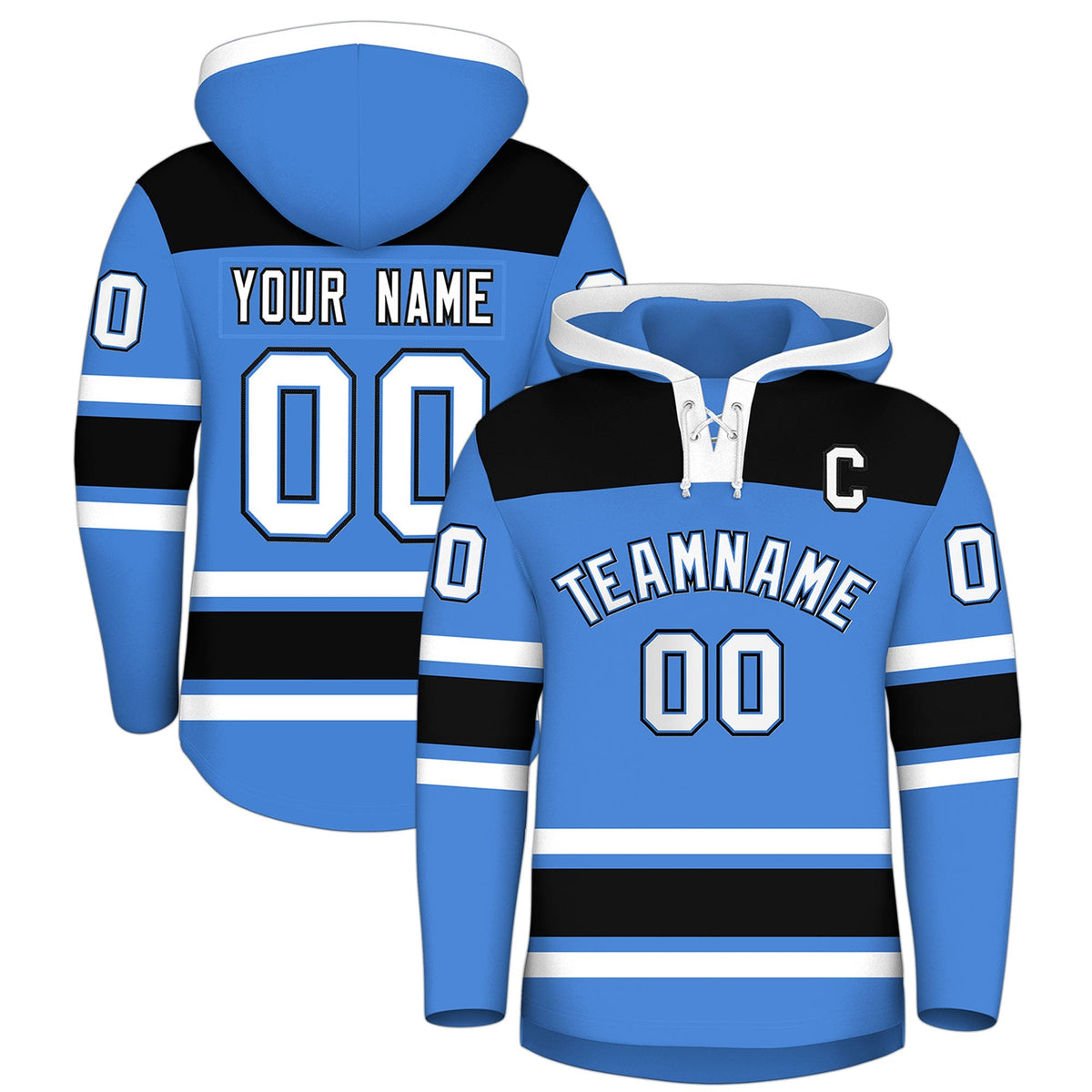 Custom Hockey Hoodie Jersey Powder Blue Black Raglan Sleeves Lace-Up Neck Classic Team Colors Hoodie