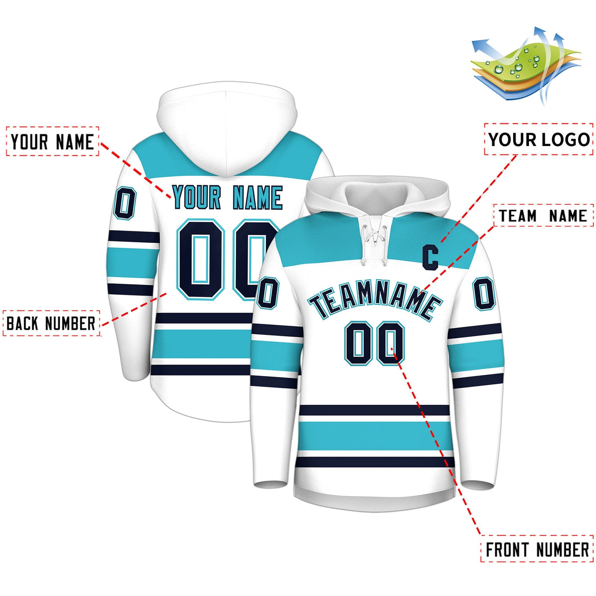 Custom Hockey Hoodie Jersey White Sky Blue Raglan Sleeves Lace-Up Neck Personalized Jersey for Men &amp; Youth