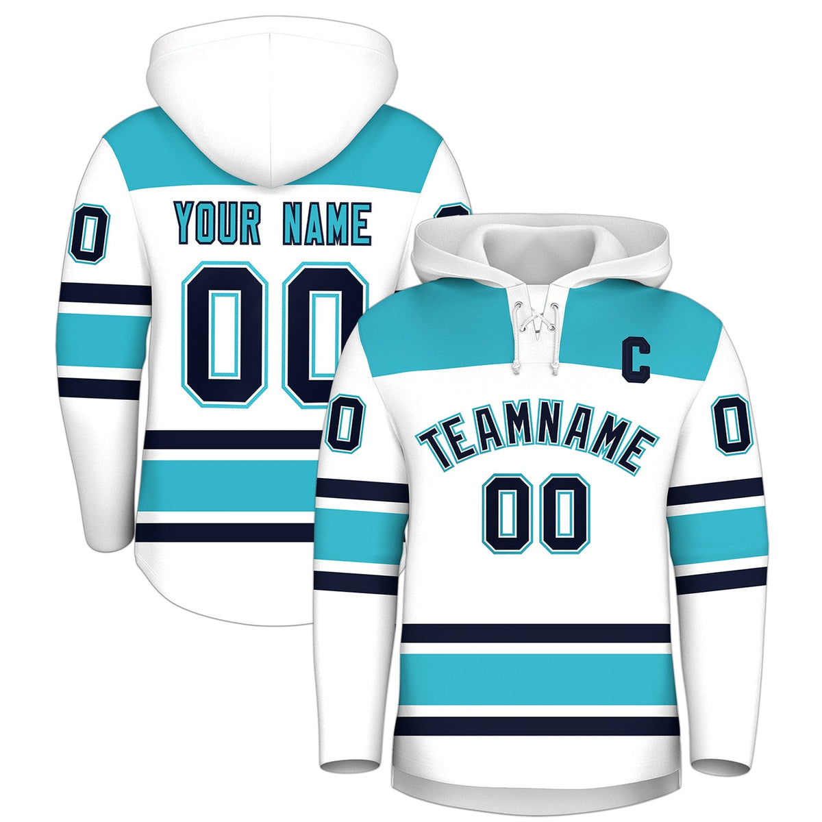 Custom Hockey Hoodie Jersey White Sky Blue Raglan Sleeves Lace-Up Neck Personalized Jersey for Men &amp; Youth