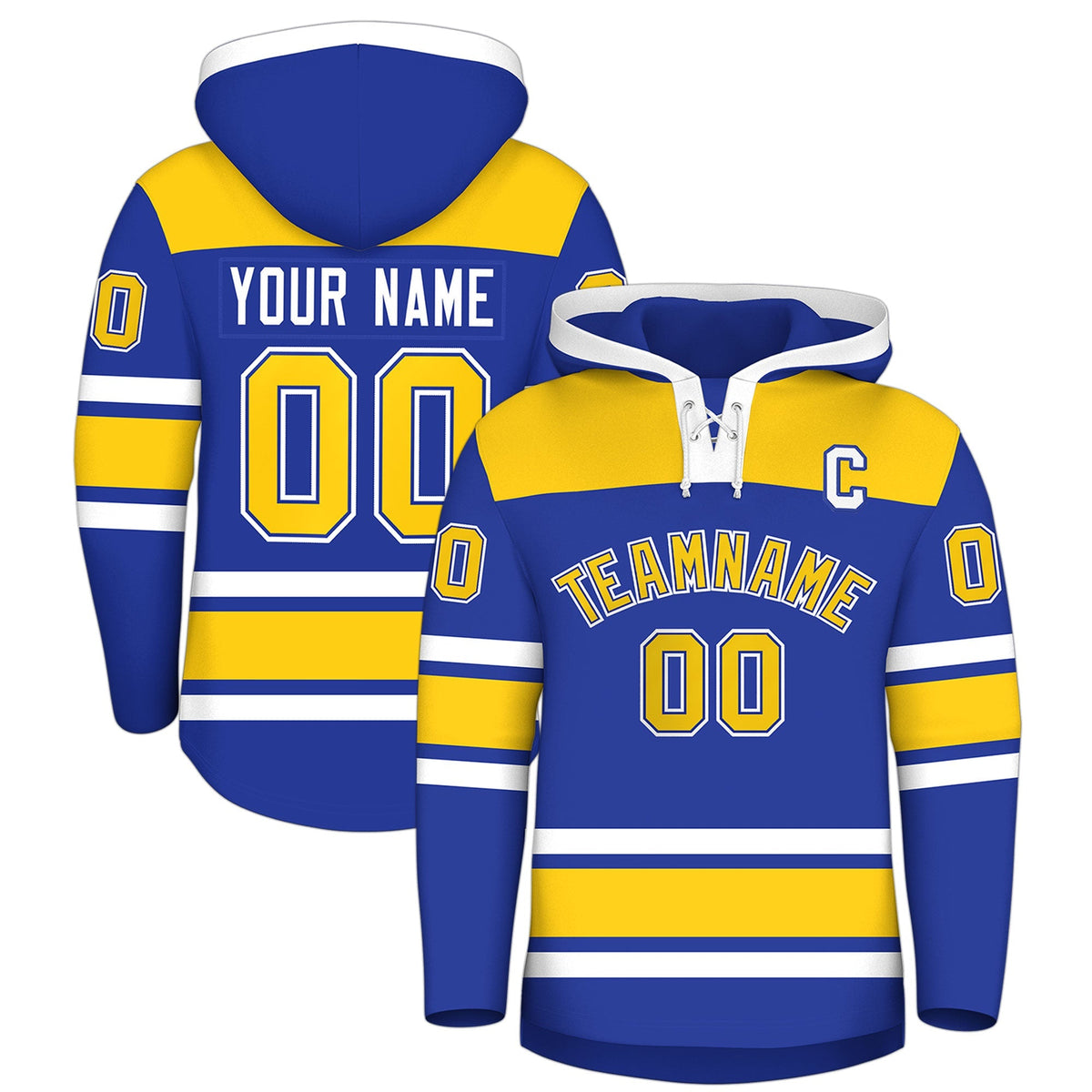 Custom Hockey Hoodie Jersey Royal Blue Gold Raglan Sleeves Lace-Up Neck Personal Name &amp; Number &amp; Logo