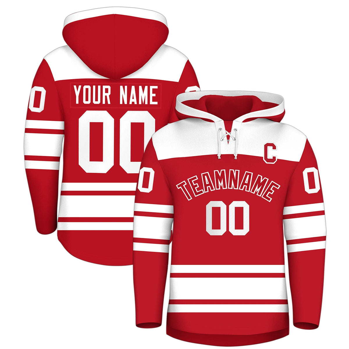 Custom Hockey Hoodie Jersey Red White Raglan Sleeves Lace-Up Neck Personalized Jersey for Men &amp; Youth