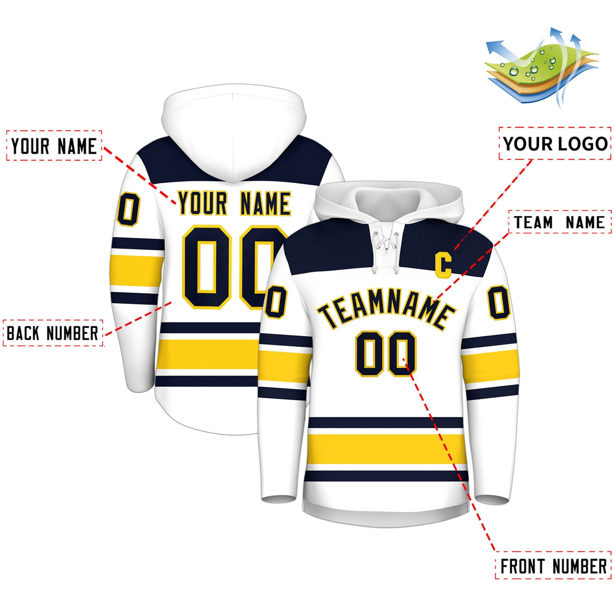 Custom Hockey Hoodie Jersey White Navy Raglan Sleeves Lace-Up Neck Classic Team Colors Hoodie