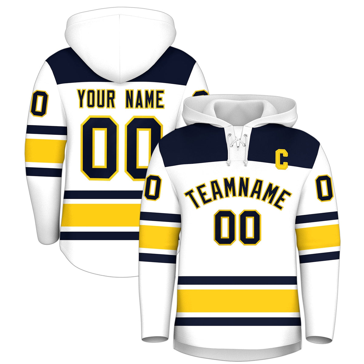 Custom Hockey Hoodie Jersey White Navy Raglan Sleeves Lace-Up Neck Classic Team Colors Hoodie