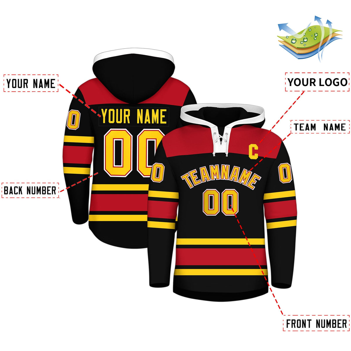 Custom Hockey Hoodie Jersey Black Red Raglan Sleeves Lace-Up Neck Personal Name &amp; Number &amp; Logo