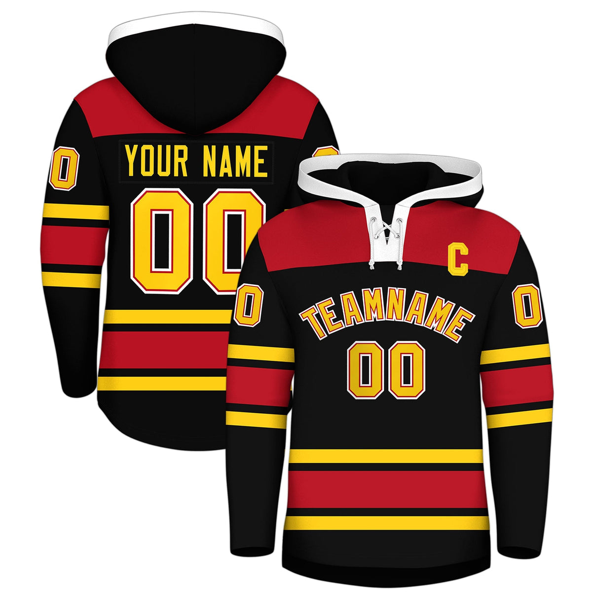 Custom Hockey Hoodie Jersey Black Red Raglan Sleeves Lace-Up Neck Personal Name &amp; Number &amp; Logo