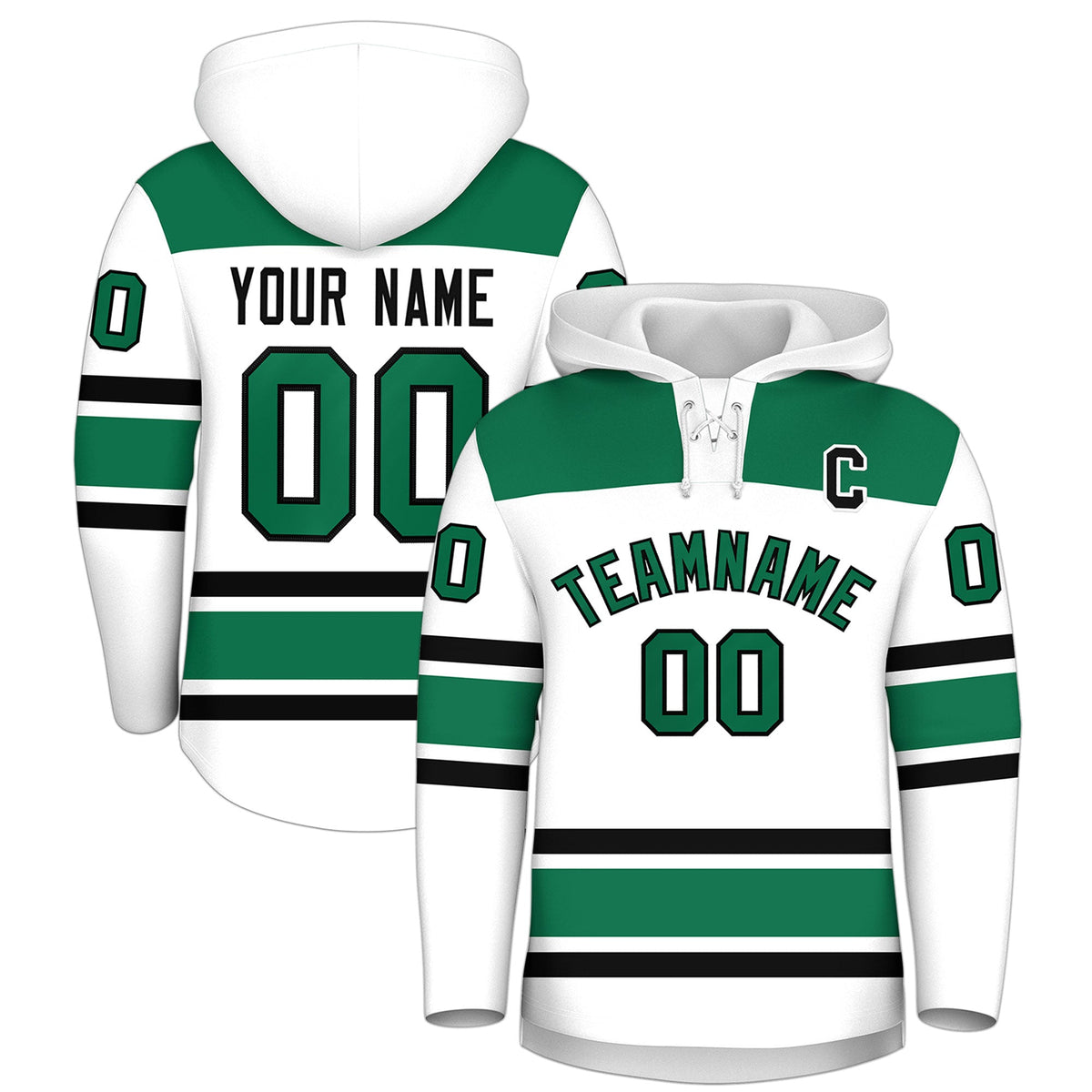 Custom Hockey Hoodie Jersey White Kelly Green Raglan Sleeves Lace-Up Neck Personalized Jersey for Men &amp; Youth