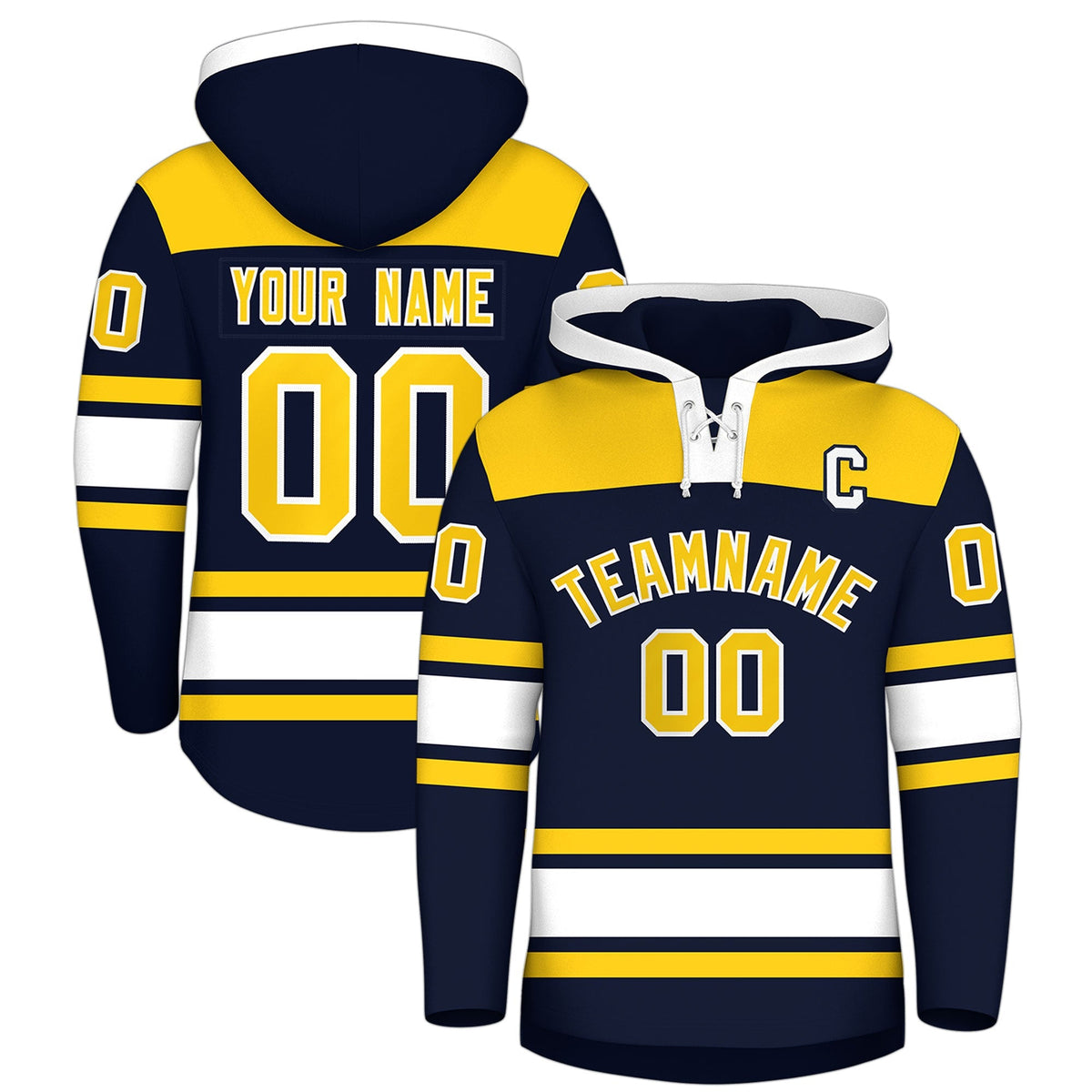 Custom Hockey Hoodie Jersey Navy Gold Raglan Sleeves Lace-Up Neck Personal Name &amp; Number &amp; Logo