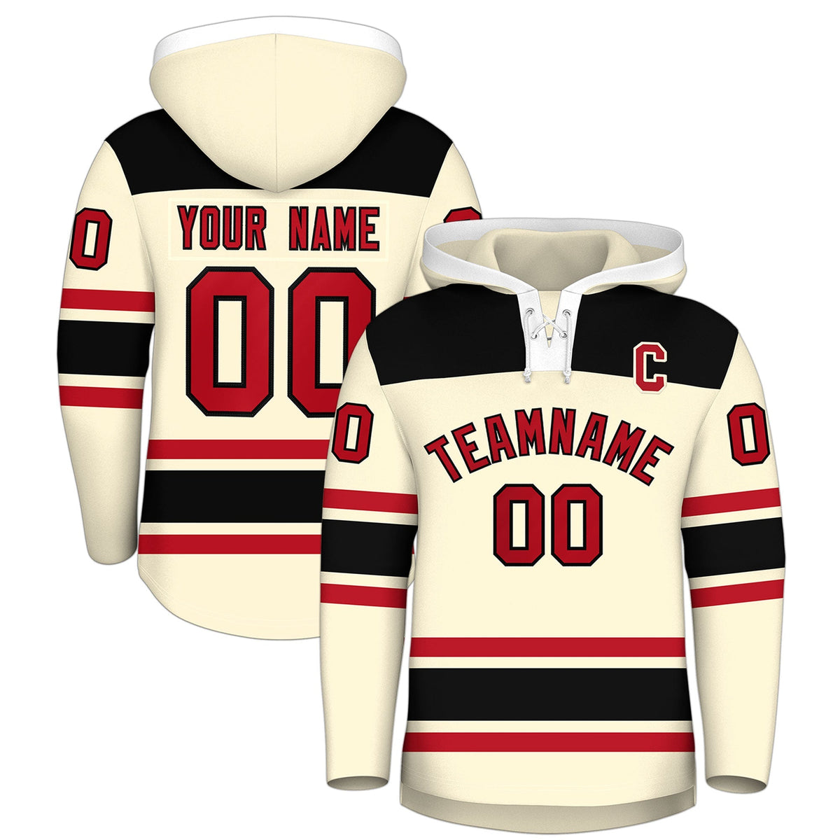 Custom Hockey Hoodie Jersey Cream Black Raglan Sleeves Lace-Up Neck Personal Name &amp; Number &amp; Logo