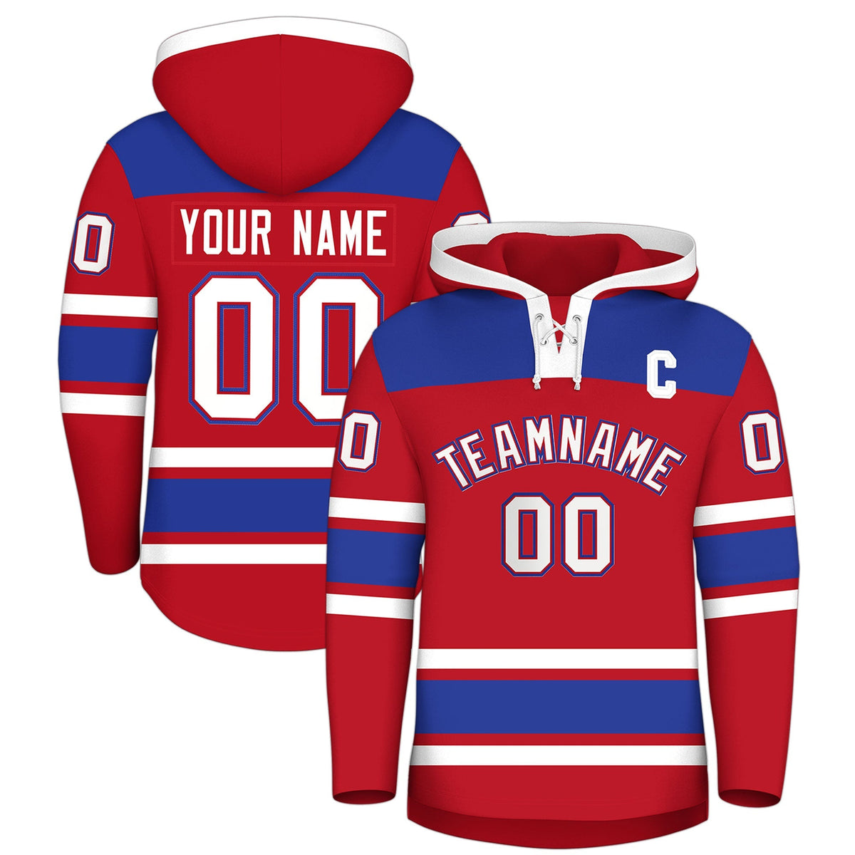 Custom Hockey Hoodie Jersey Red Royal Blue Raglan Sleeves Lace-Up Neck Personalized Jersey for Men &amp; Youth