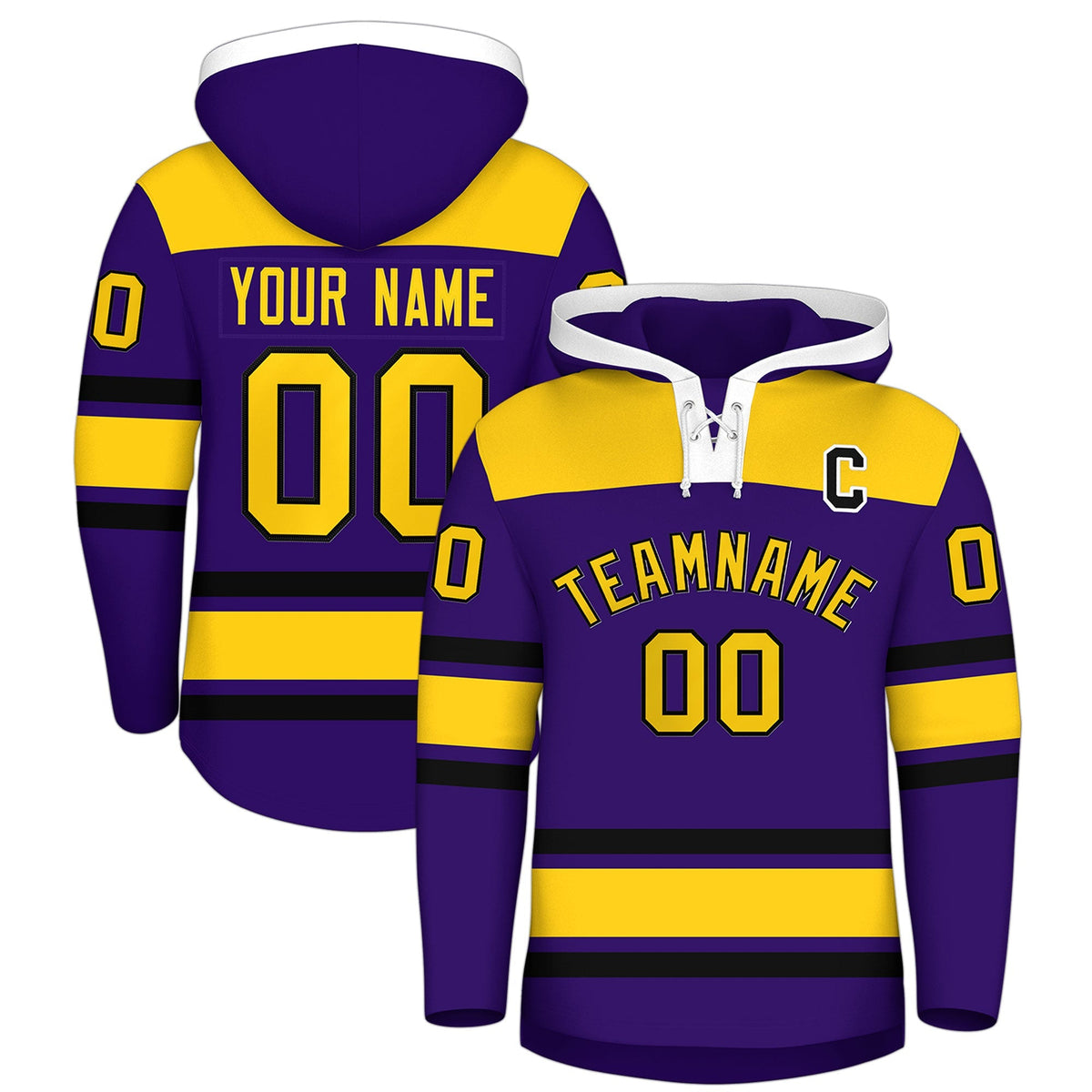 Custom Hockey Hoodie Jersey Purple Gold Raglan Sleeves Lace-Up Neck Personal Name &amp; Number &amp; Logo