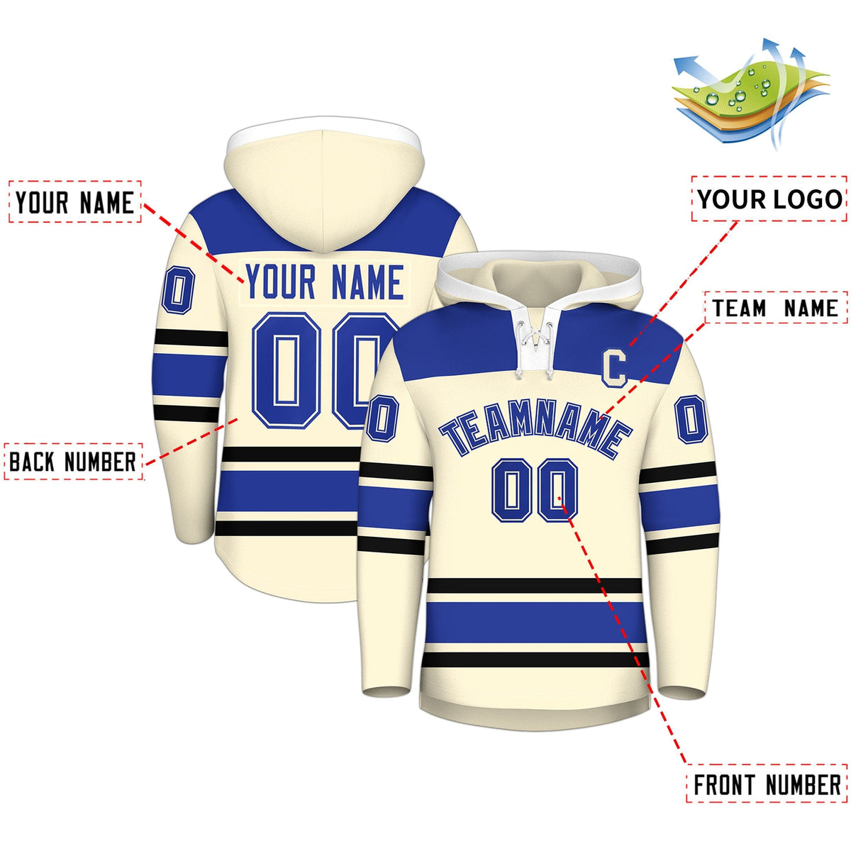Custom Hockey Hoodie Jersey Cream Royal Blue Raglan Sleeves Lace-Up Neck Personal Name &amp; Number &amp; Logo