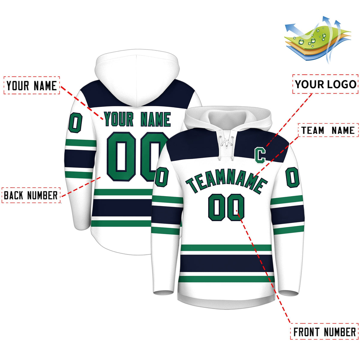Custom Hockey Hoodie Jersey White Navy Raglan Sleeves Lace-Up Neck Classic Team Colors Hoodie