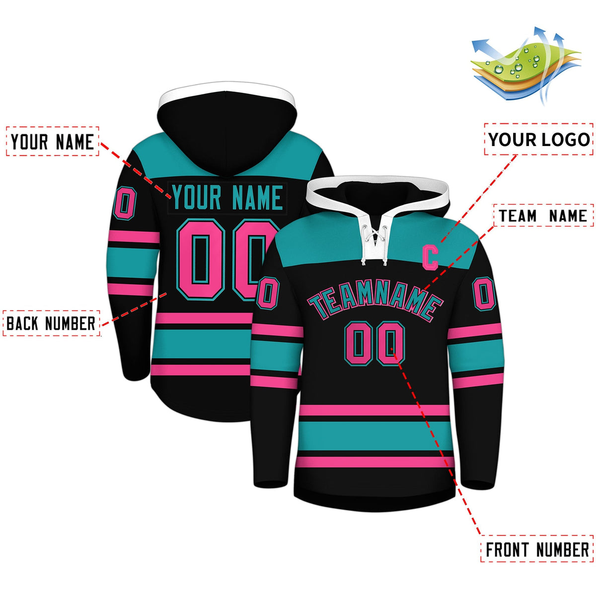 Custom Hockey Hoodie Jersey Black Aqua Raglan Sleeves Lace-Up Neck Personalized Jersey for Men &amp; Youth