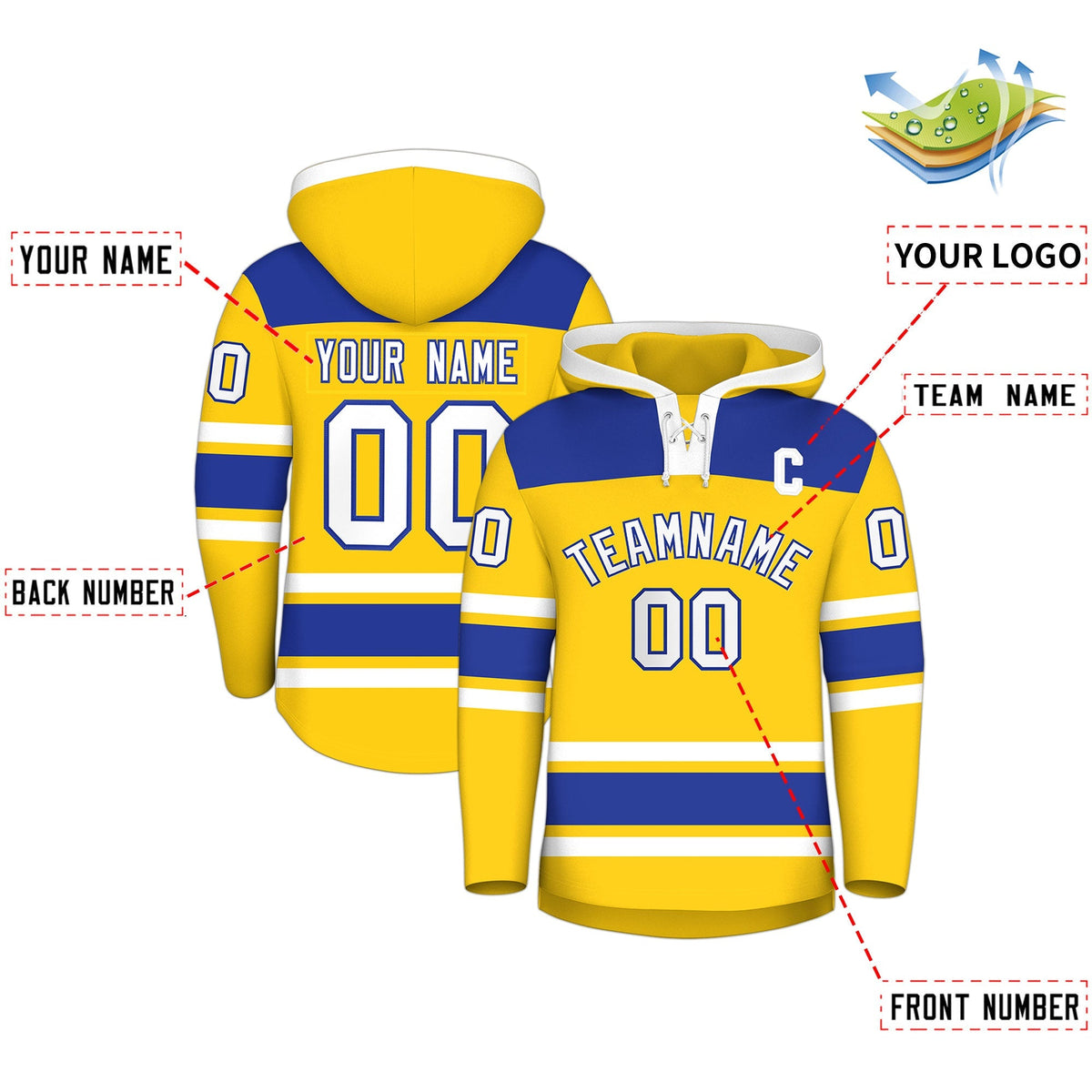 Custom Hockey Hoodie Jersey Gold Royal Blue Raglan Sleeves Lace-Up Neck Personalized Jersey for Men &amp; Youth