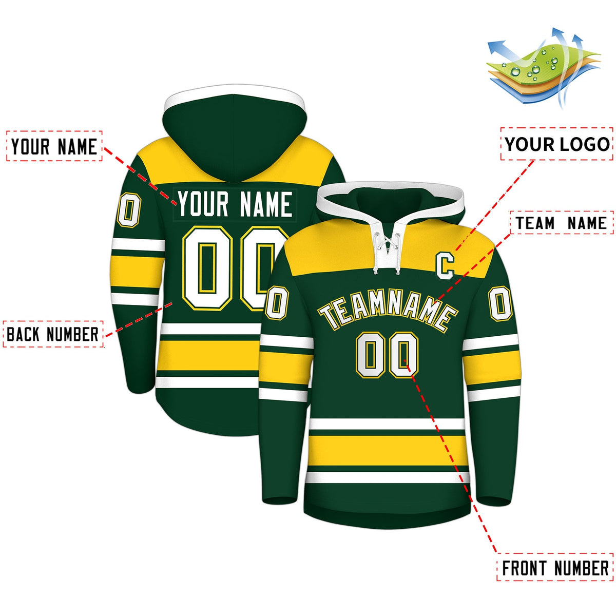 Custom Hockey Hoodie Jersey Green Gold Raglan Sleeves Lace-Up Neck Classic Team Colors Hoodie