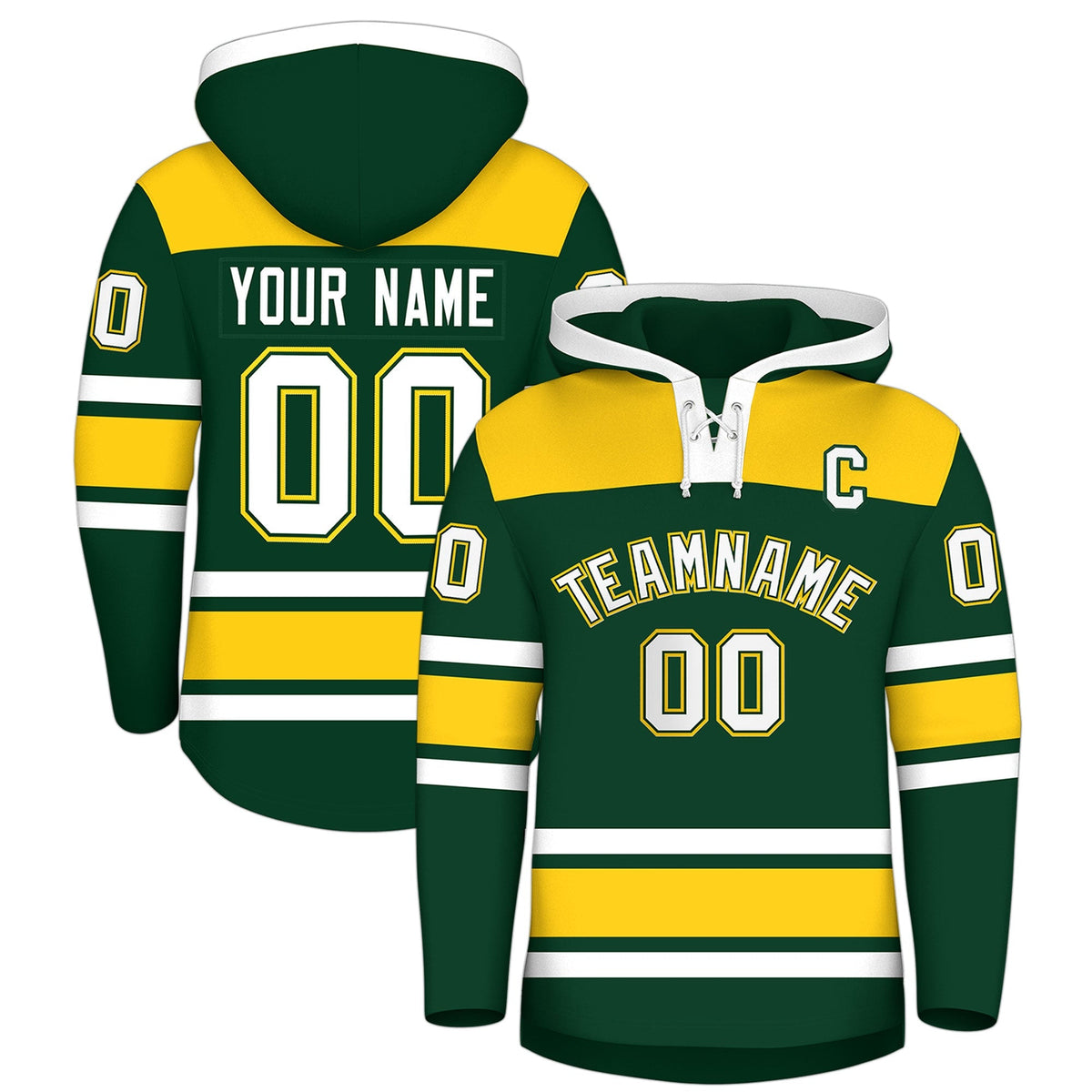 Custom Hockey Hoodie Jersey Green Gold Raglan Sleeves Lace-Up Neck Classic Team Colors Hoodie