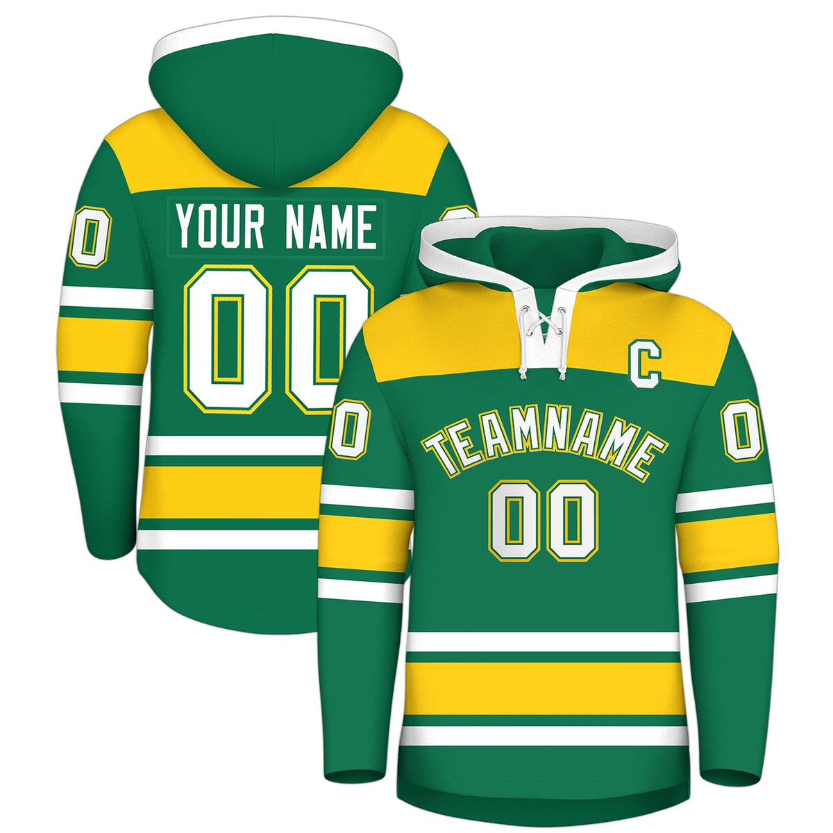 Custom Hockey Hoodie Jersey Kelly Green Gold Raglan Sleeves Lace-Up Neck Personalized Jersey for Men &amp; Youth