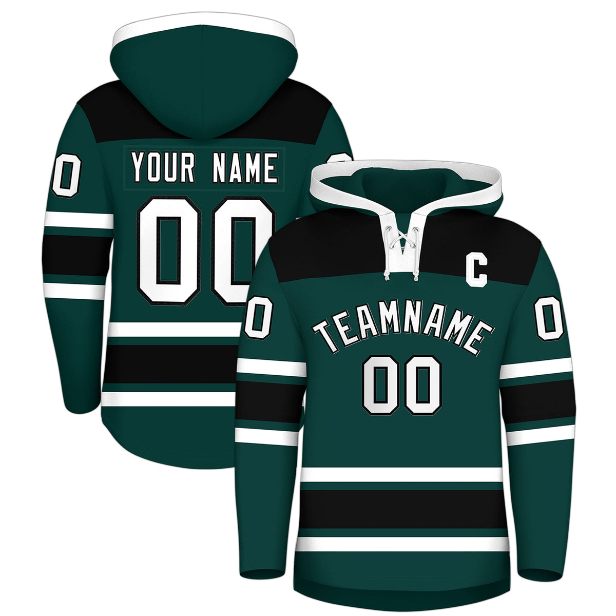 Custom Hockey Hoodie Jersey Midnight Green Black Raglan Sleeves Lace-Up Neck Personal Name &amp; Number &amp; Logo