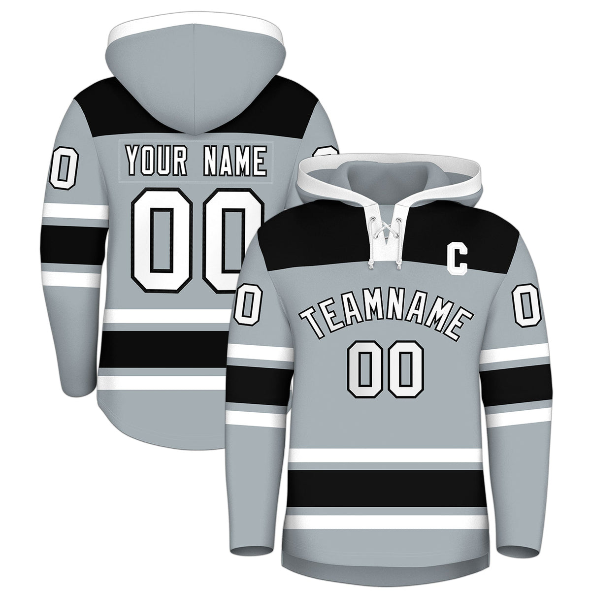 Custom Hockey Hoodie Jersey Silver Black Raglan Sleeves Lace-Up Neck Classic Team Colors Hoodie