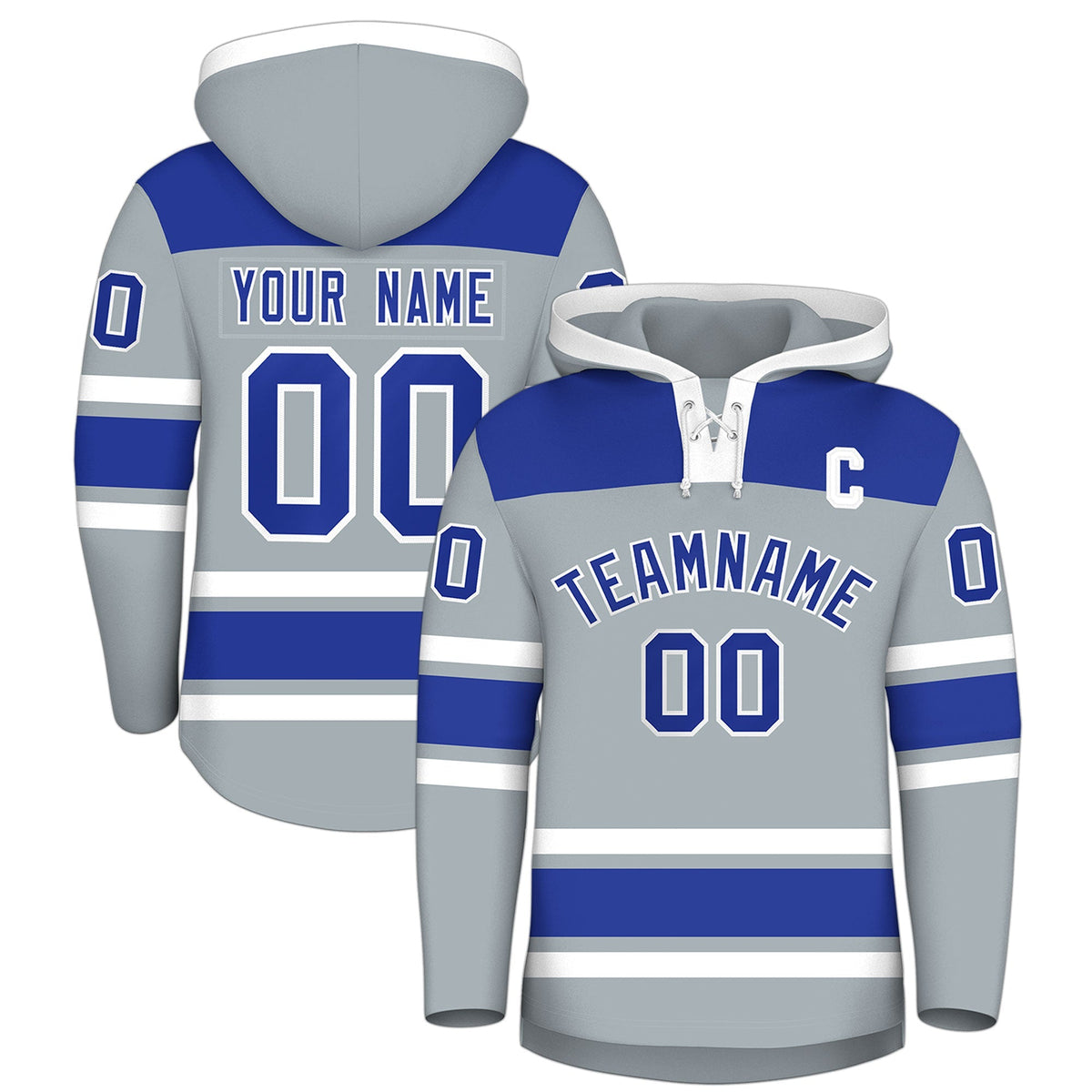 Custom Hockey Hoodie Jersey Silver Royal Blue Raglan Sleeves Lace-Up Neck Personalized Jersey for Men &amp; Youth