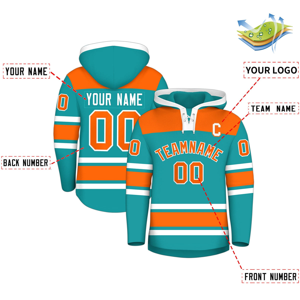 Custom Hockey Hoodie Jersey Aqua Orange Raglan Sleeves Lace-Up Neck Personalized Jersey for Men &amp; Youth