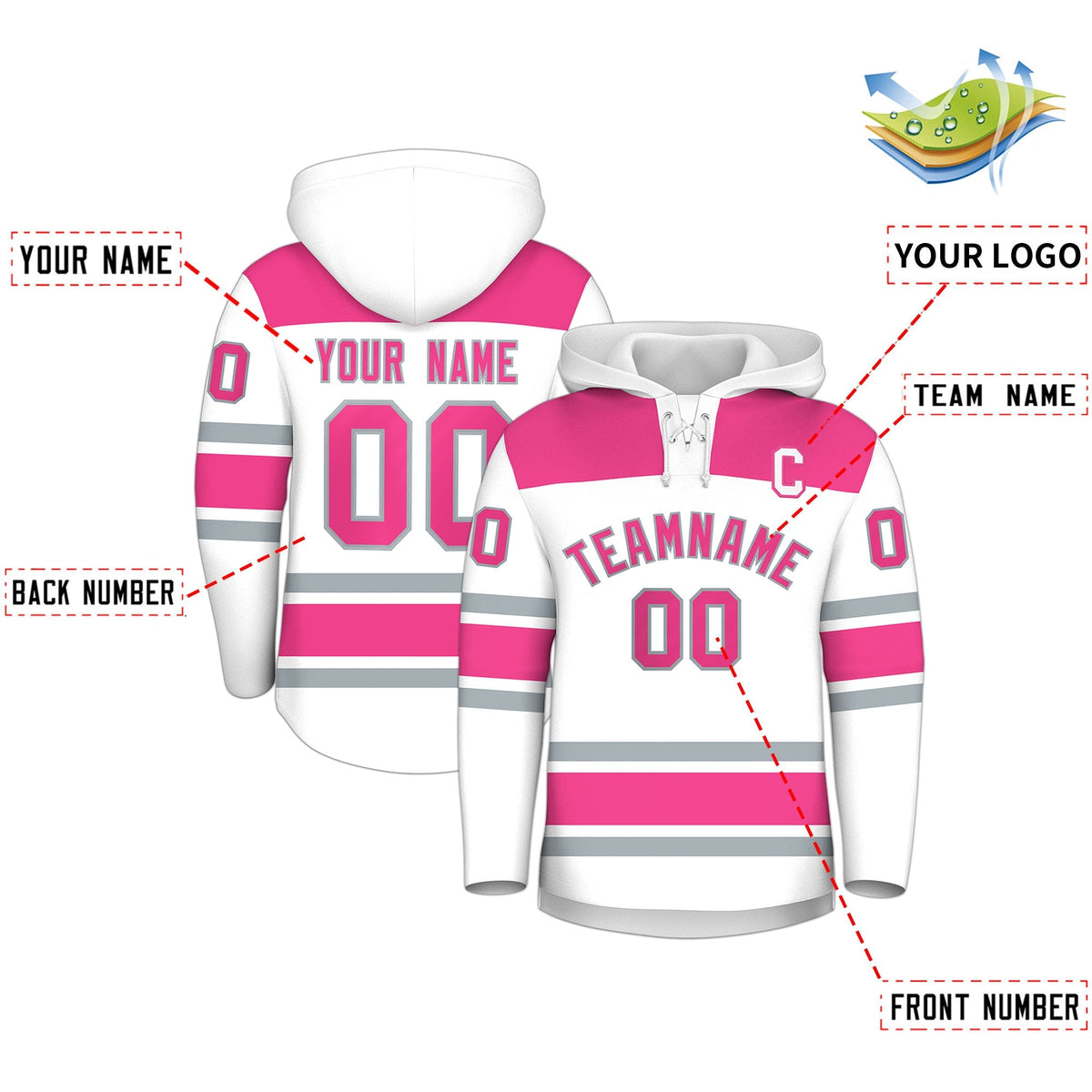 Custom Hockey Hoodie Jersey White Pink Raglan Sleeves Lace-Up Neck Personal Name &amp; Number &amp; Logo