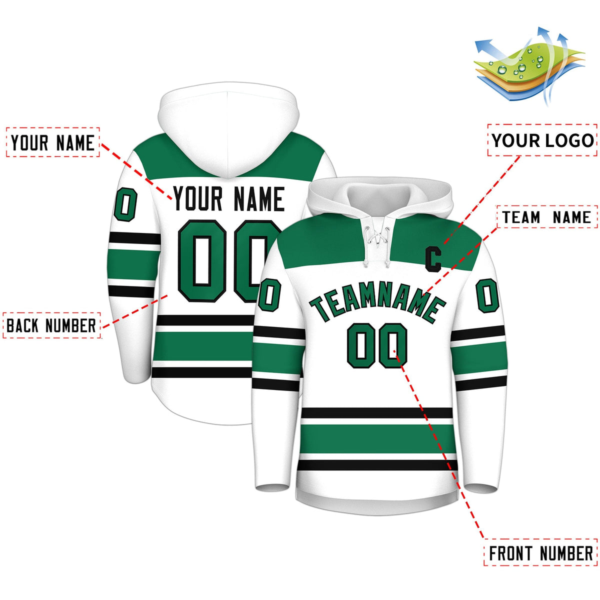 Custom Hockey Hoodie Jersey White Kelly Green Raglan Sleeves Lace-Up Neck Classic Team Colors Hoodie