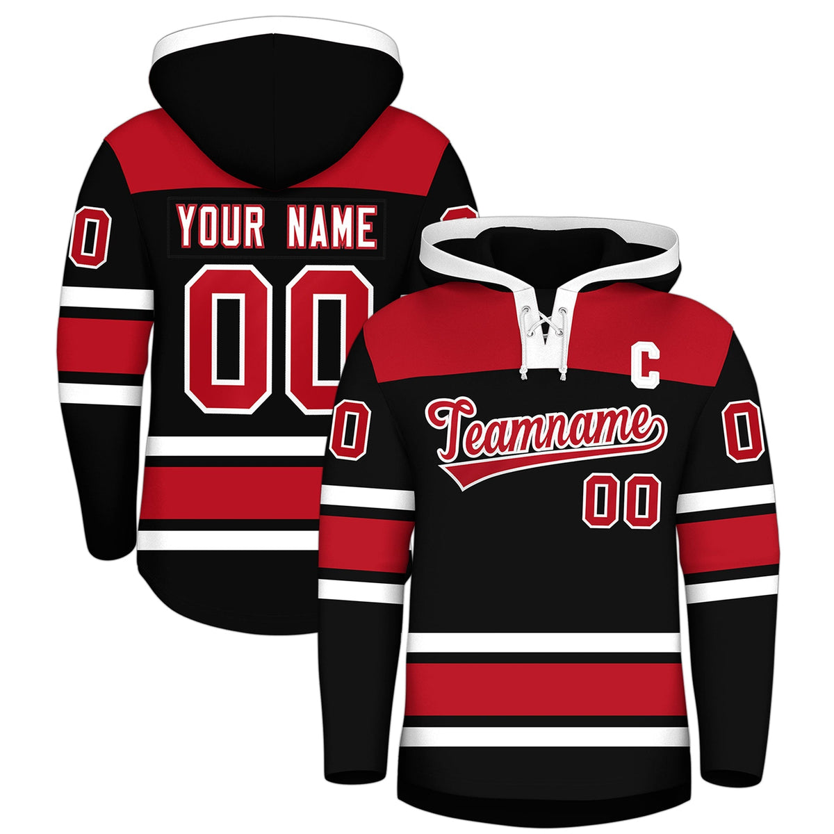 Custom Hockey Hoodie Jersey Black Red Raglan Sleeves Lace-Up Neck Personalized Jersey for Men &amp; Youth